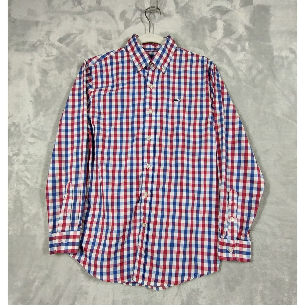 Vineyard Vines Kids Medium 12-14 Whale Shirt Gingham‎ Red White Blue Button Down